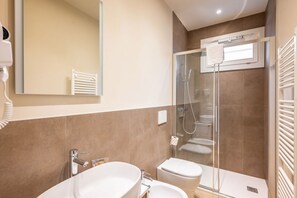 Shower, hair dryer, bidet, towels