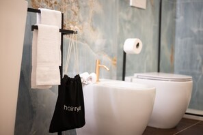 Shower, hair dryer, bidet, towels