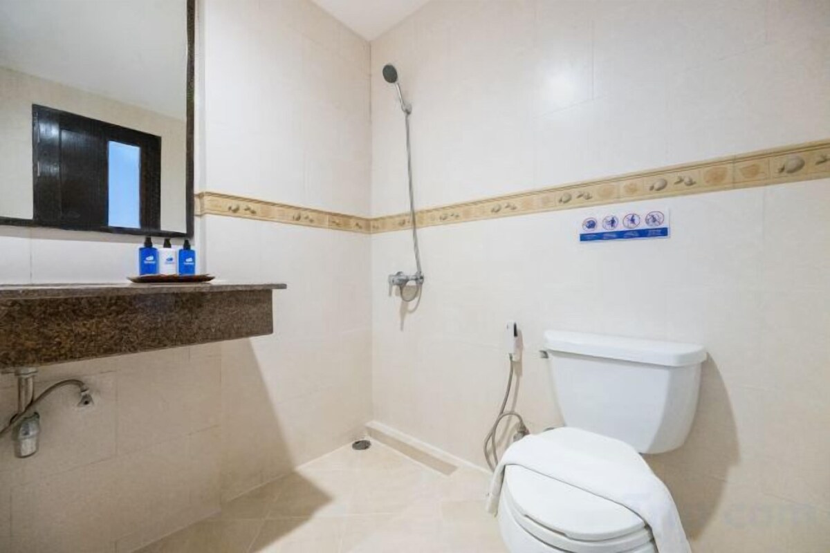 Shower, bidet, towels, soap