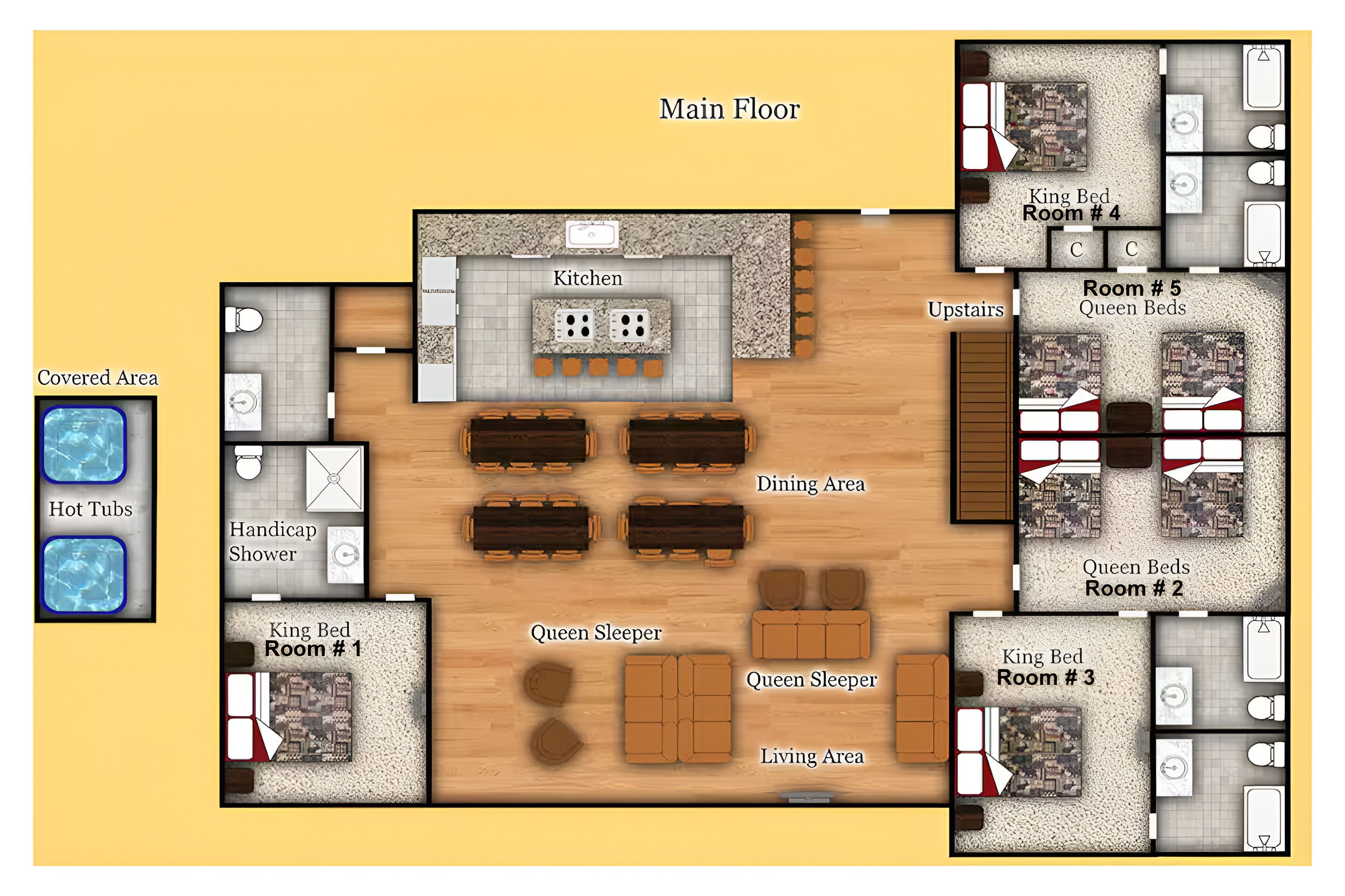 Un plan d’étage d’hôtel présentant l’agencement du rez-de-chaussée, comprenant une cuisine, un coin repas, une douche adaptée aux personnes à mobilité réduite et plusieurs chambres désignées comme « King » et « Queen ».