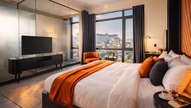 A modern hotel room with a large bed, a TV, a seating area, and a city view. - Greenview City Hotel (Xuan Huong - Da Lat)