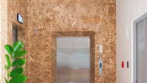 An elevator in a hallway with marble walls and a plant in the foreground. - Greenview City Hotel (Xuan Huong - Da Lat)
