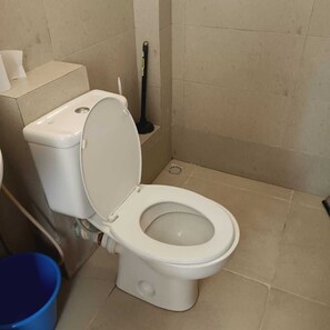 Shower, towels, soap, toilet paper