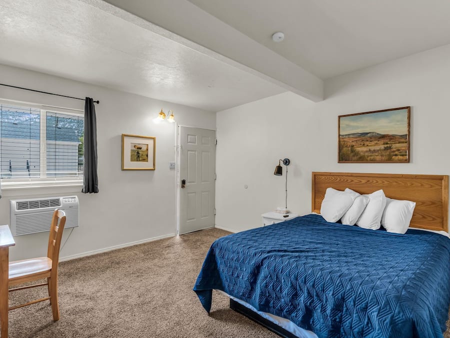 A bedroom with a bed, a desk, a chair, a window with curtains, a door, and a painting on the wall.