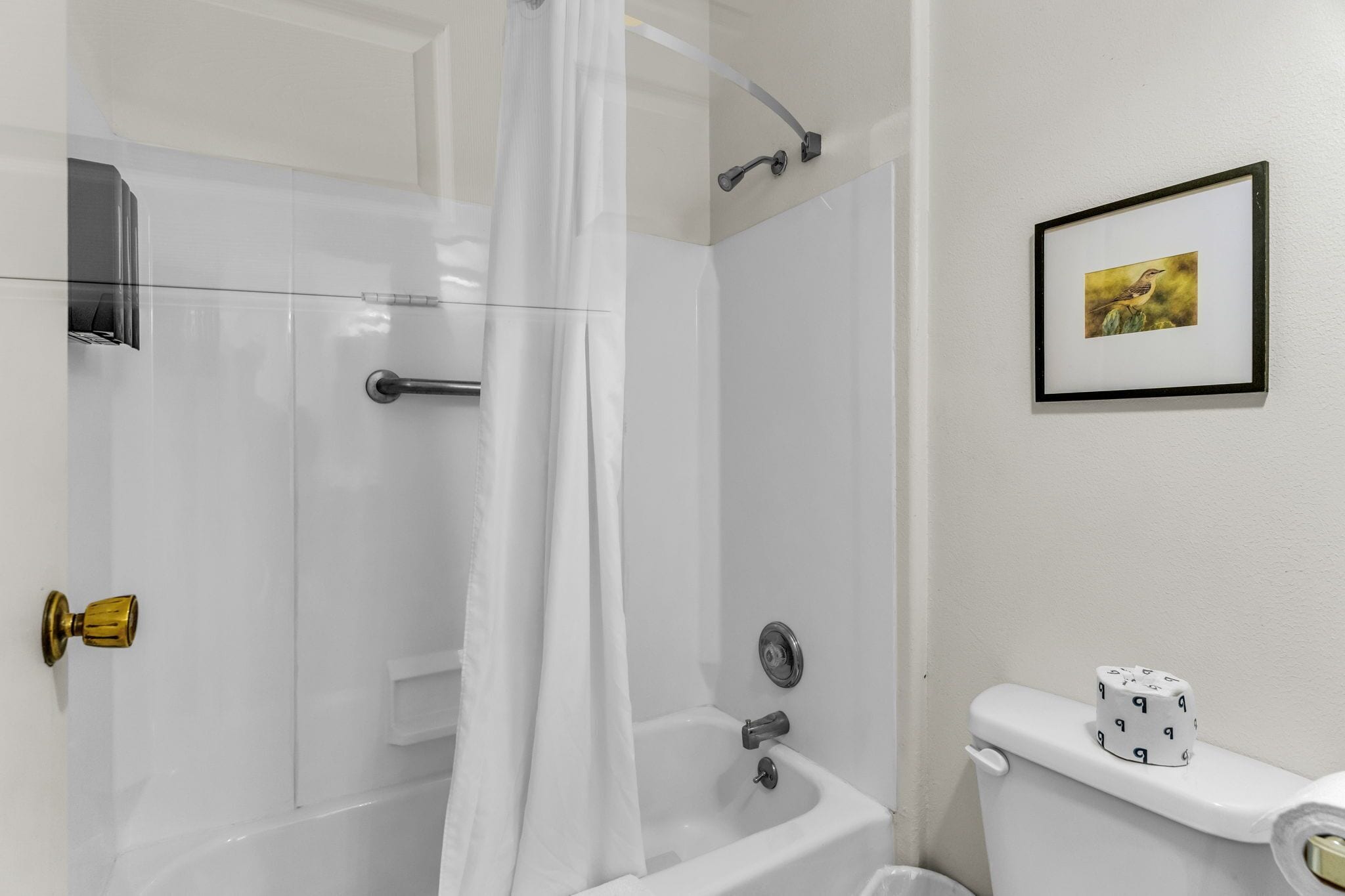 A bathroom with a shower, toilet, and a framed picture on the wall.