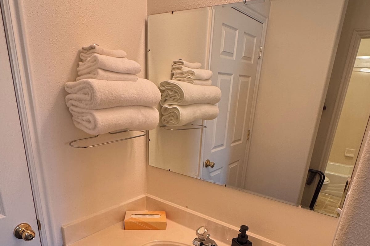 A bathroom with a sink, mirror, towel rack, and a door.