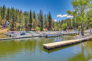 Guests can enjoy serene lakeside views and moor their boats at the resort's dock, surrounded by tall pine trees.