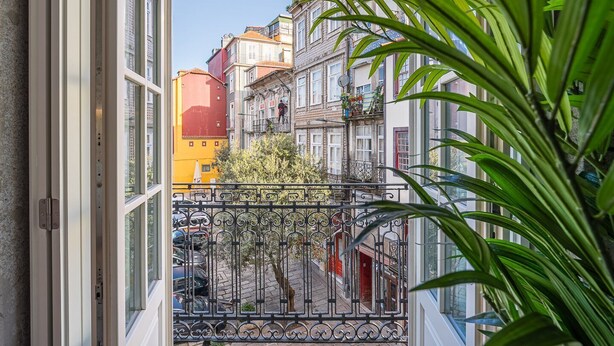 Blick aus einem Fenster auf eine schmale Straße mit Gebäuden, einem Metallgitter und einem Blumentopf.