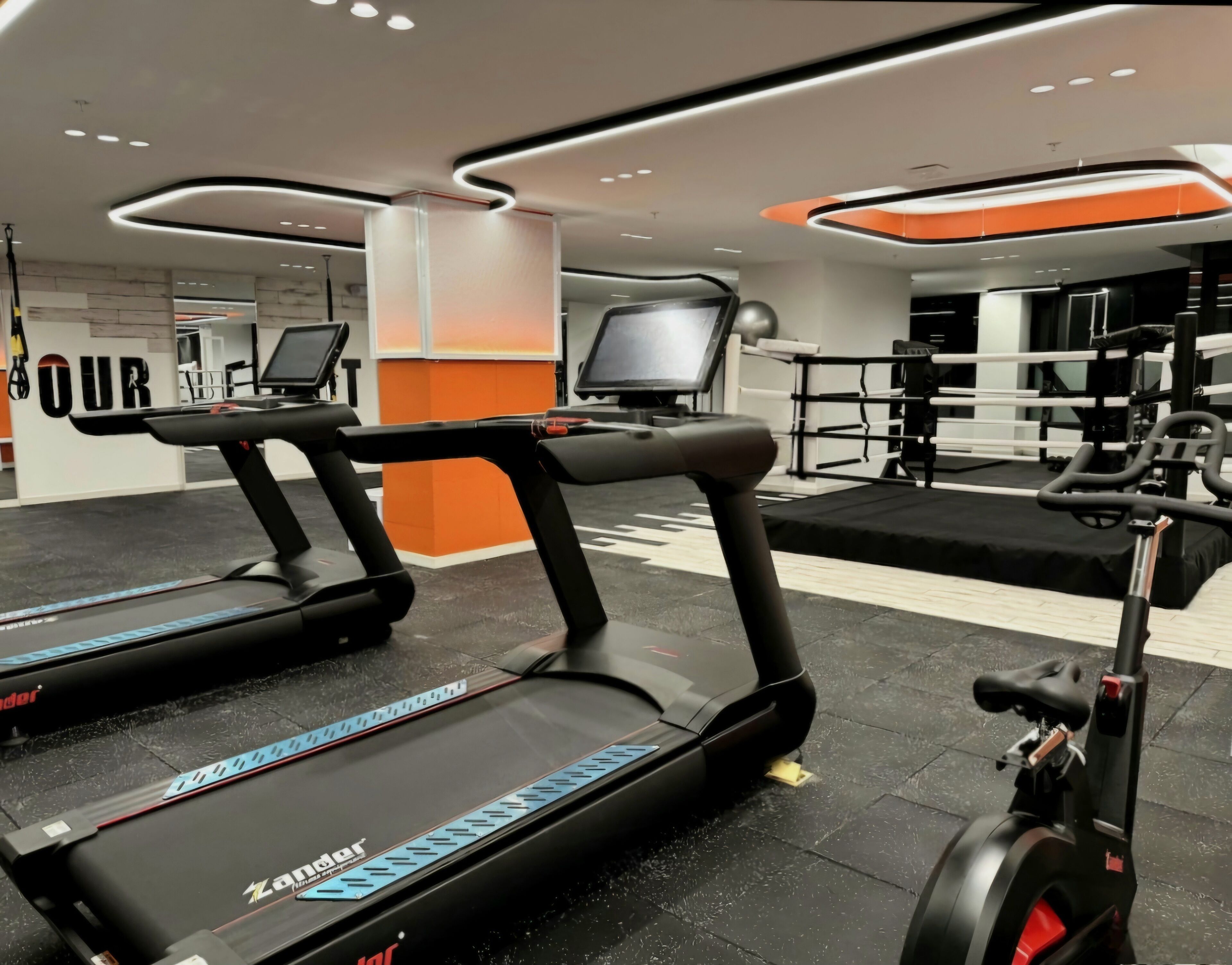 A gym with treadmills, a stationary bike, and a boxing ring.