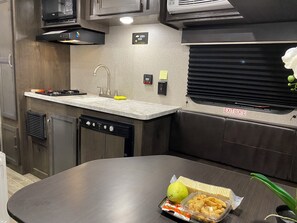 Fridge, microwave, stovetop, electric kettle