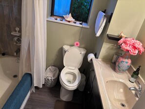 Een badkamer met toilet, wastafel en douche.