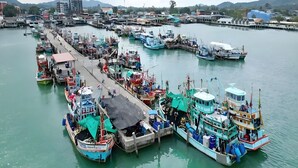 A harbor with multiple boats docked at a pier.