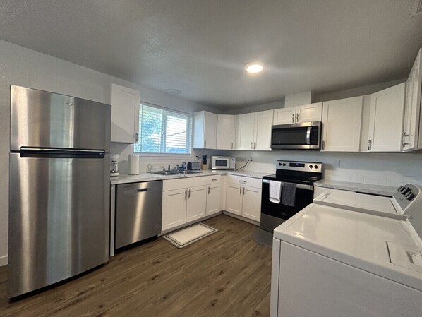 Fridge, microwave, oven, stovetop