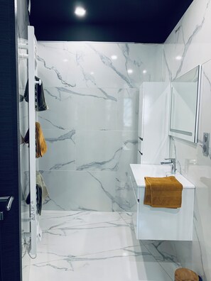 Shower, hair dryer, towels, soap