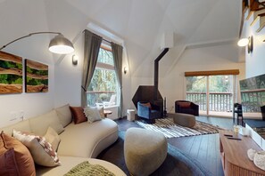 Télévision, cheminée, livres