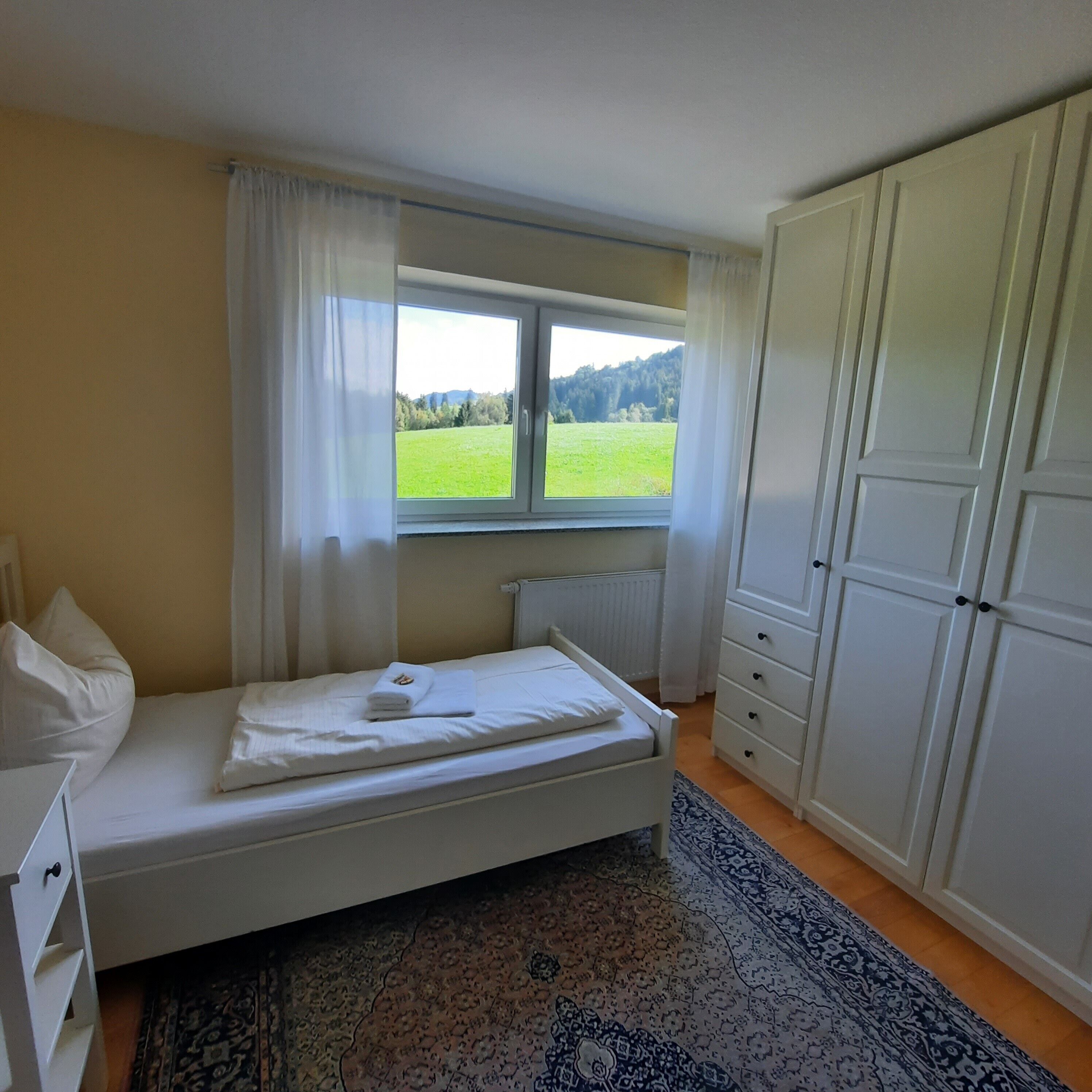 Un dormitorio con cama, ventana que da a un campo verde, radiador y armario.