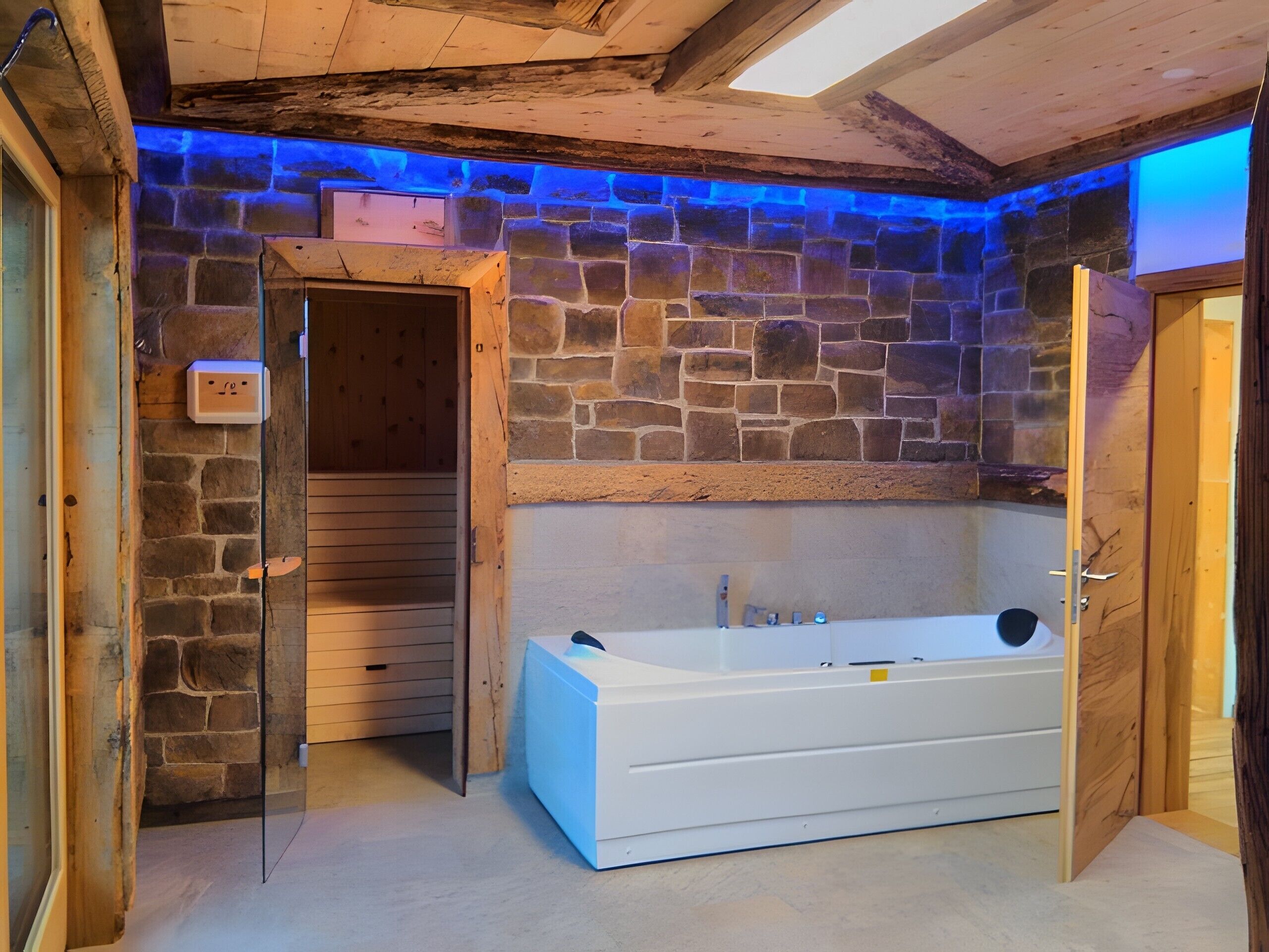 A stone-walled bathroom with a white bathtub, wooden beams, and a skylight.