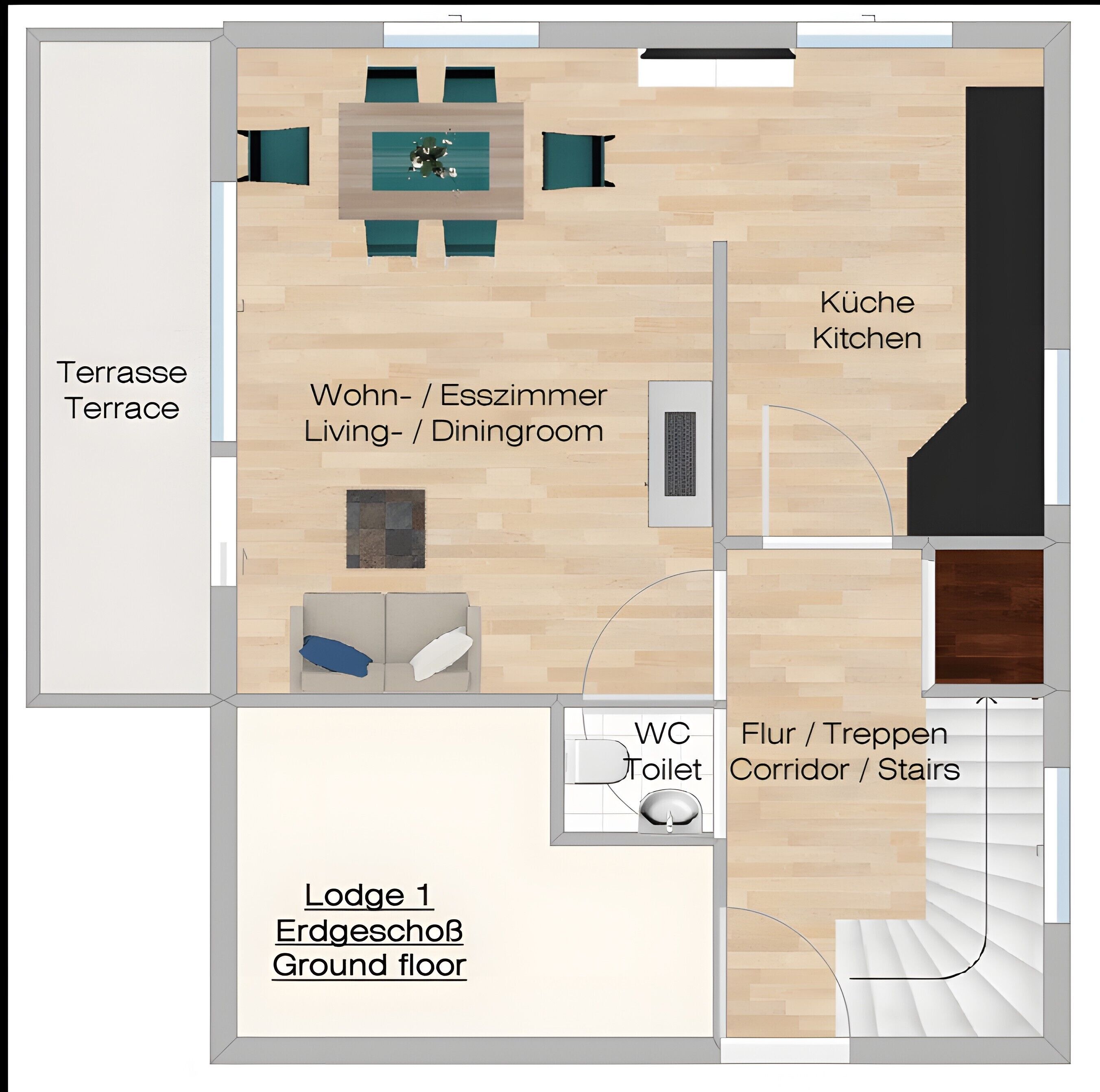 Distribución de un hotel con terraza, sala de estar y comedor, cocina, aseo y escalera.