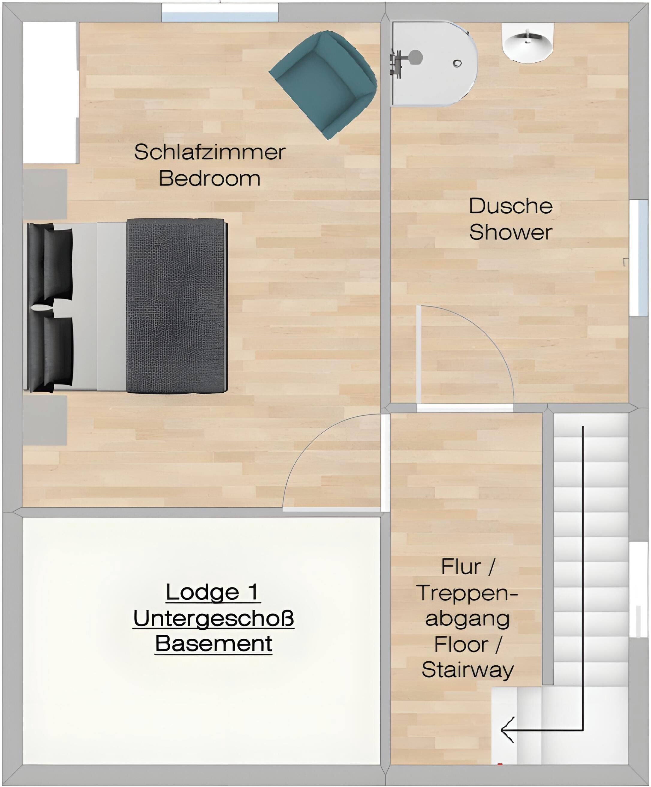 A floor plan of a hotel room with a bedroom, shower, and a staircase leading to the basement.