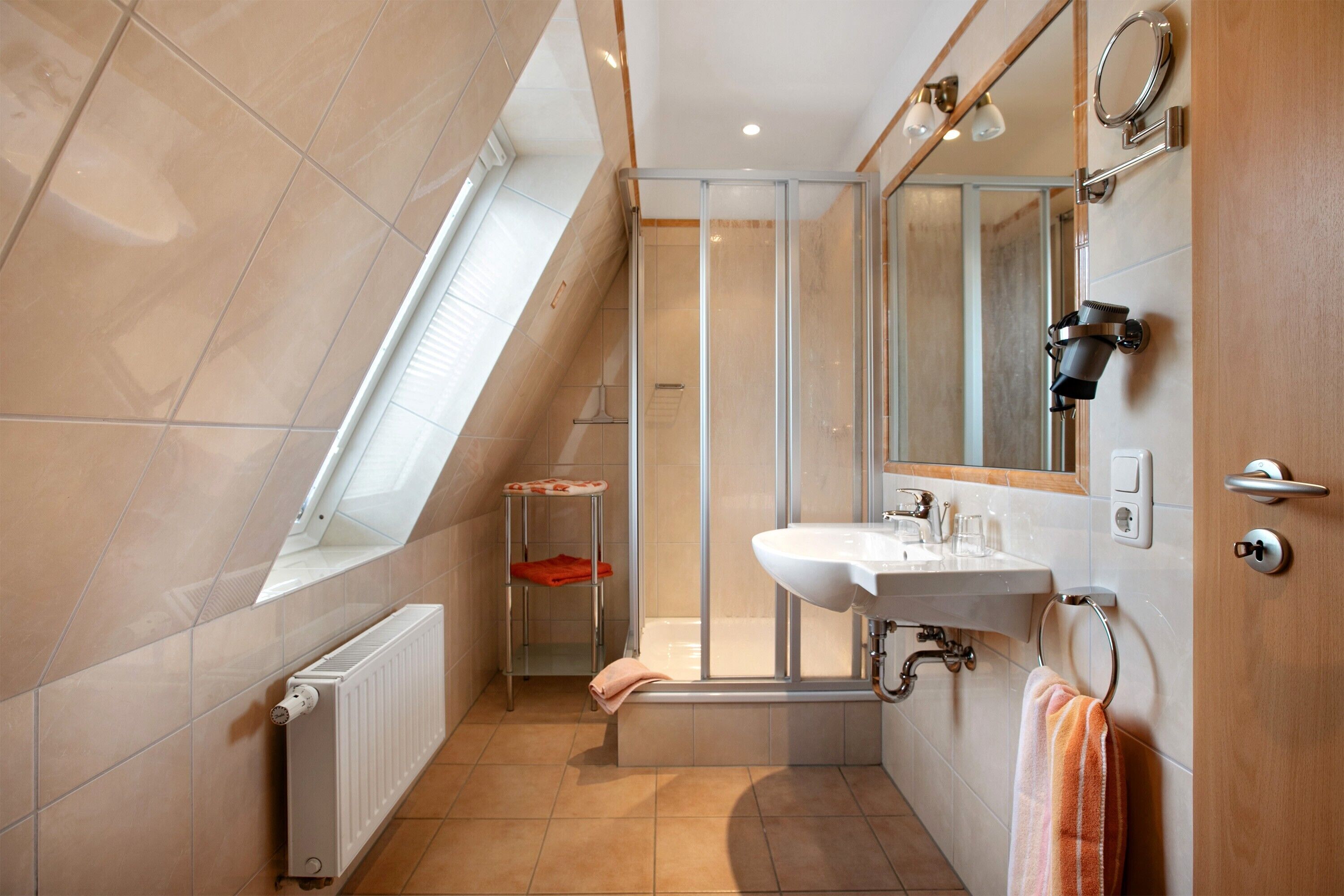 Shower, hair dryer, towels