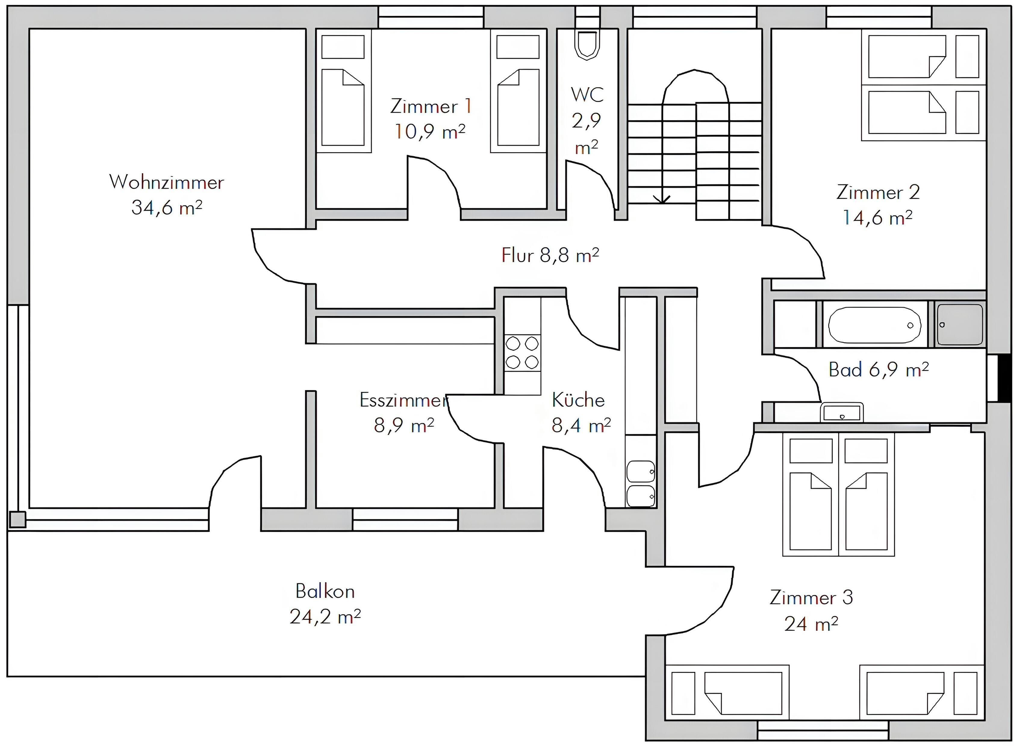 Grundriss mit Wohnzimmer (34,6 m²), drei Schlafzimmern (10,9, 14,6, 24 m²), Badezimmer (2,9 m²), Küche (8,4 m²), Balkon (24,2 m²) und Eingangsbereich (8,8 m²).