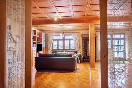 テレビ、暖炉. Apartment with Private Sauna, Balcony and Wi-Fi
