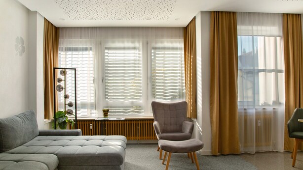 A modern living room with a grey sofa, a grey armchair, and a small table with a plant. - Apartment 'Neuburg 1 - New' with Wi-Fi (Neuburg an der Donau)