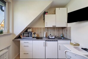 Fridge, microwave, stovetop, electric kettle