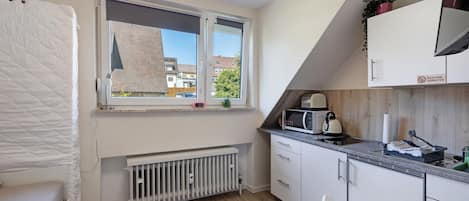 Fridge, microwave, stovetop, electric kettle