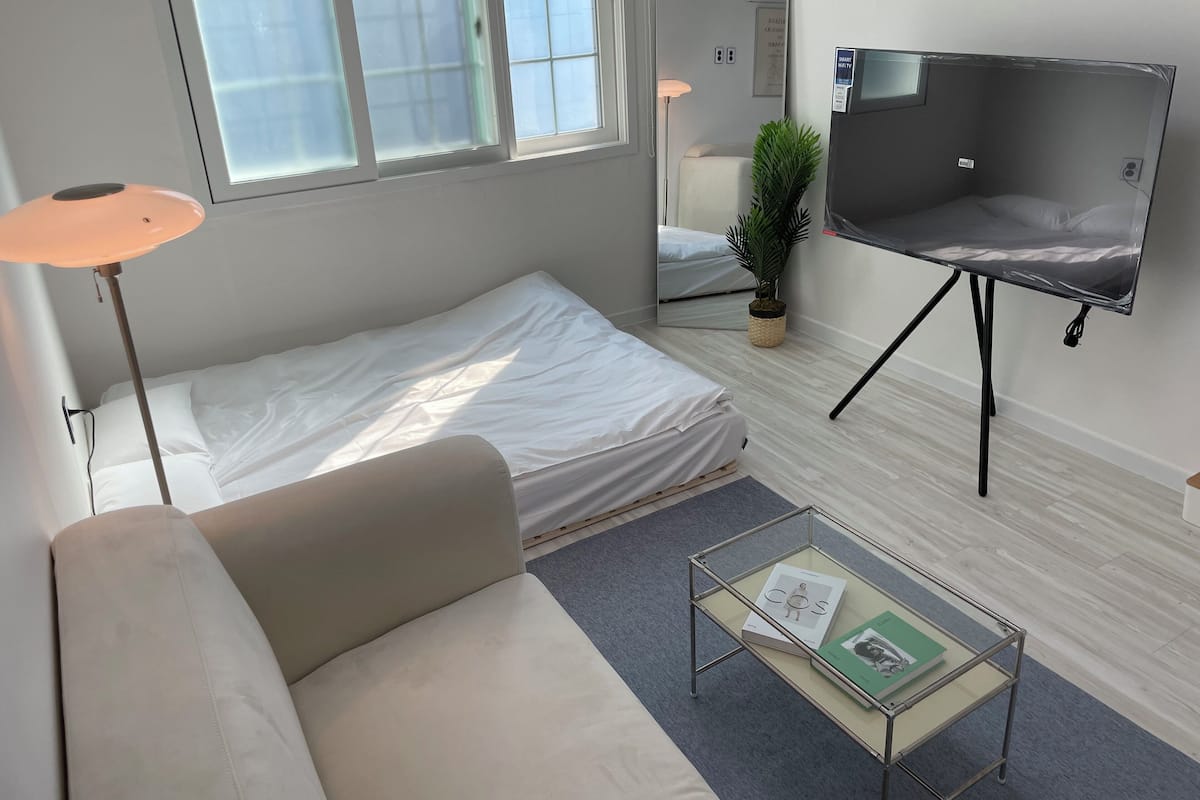 Ein kleiner, moderner Raum mit einem Einzelbett, einer Schlafcouch, einem Couchtisch mit Büchern, einer Stehlampe, einem Fernseher auf einem Schrank und einer Topfpflanze.