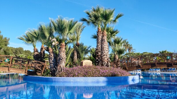 A pool area with palm trees and a wooden bridge. - Premium tent lodge for family (Tarragona)