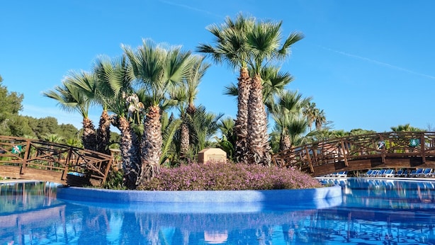 A pool area with palm trees and a wooden bridge. - Mobile Home Tarragona by Beach & Nature Reserve (Taragona)