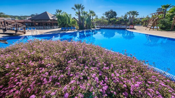 Piscina com água azul cristalina, rodeada por palmeiras e um edifício com telhado inclinado.