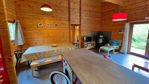 Interior de una cabaña de madera con comedor, lavadora, televisor y chimenea.