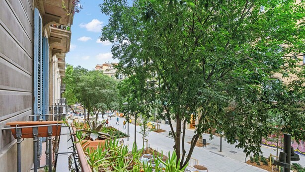 Un balcón con macetas, vista a una calle de la ciudad y fachada de un edificio.