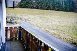 A wooden deck with a metal railing overlooking a grassy field and a road. - Comfortable and versatile room -perfect for relaxation, work and exchange (Winterberg)