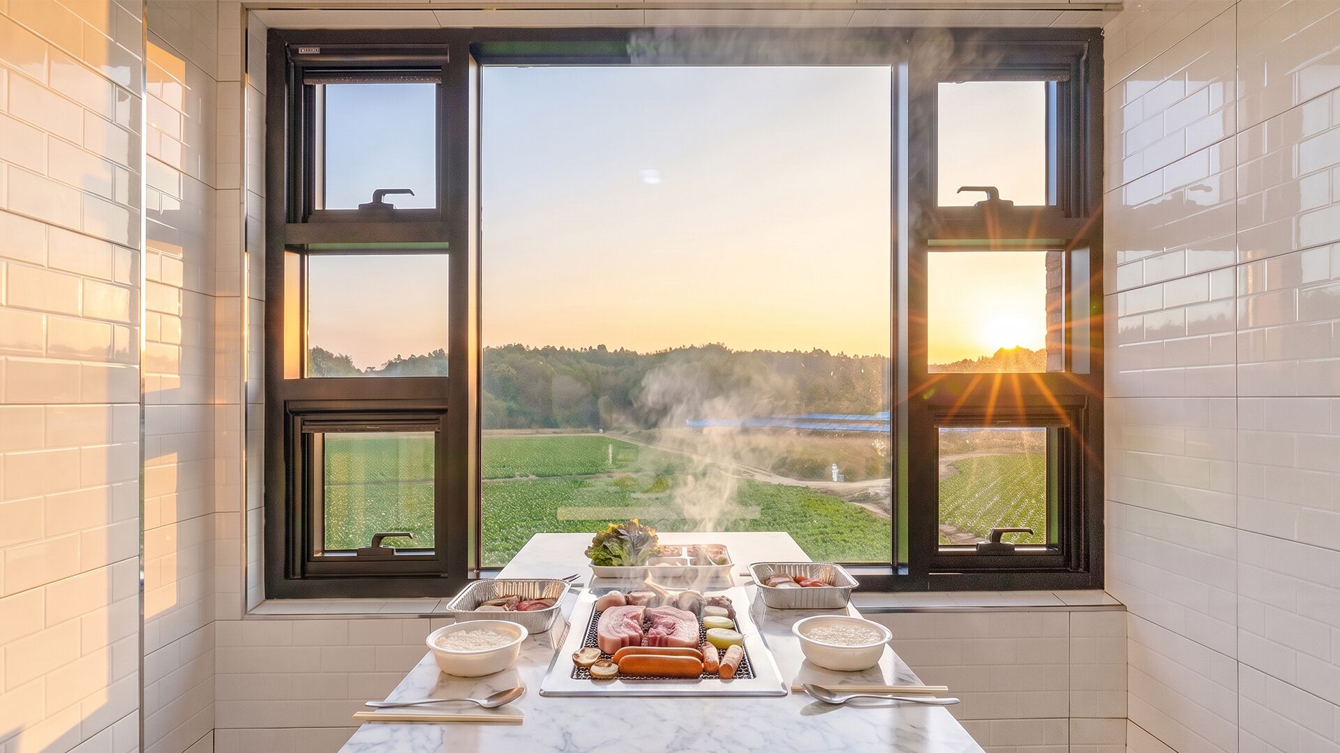 A kitchen with a large window, a table with food, and a view of a field.