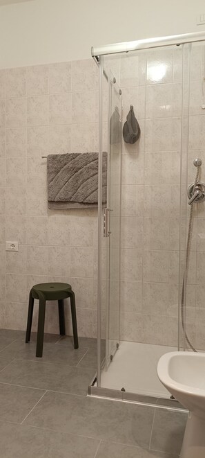 Shower, hair dryer, bidet, towels