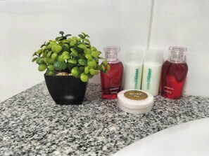 Douche, articles de toilette gratuits, sèche-cheveux