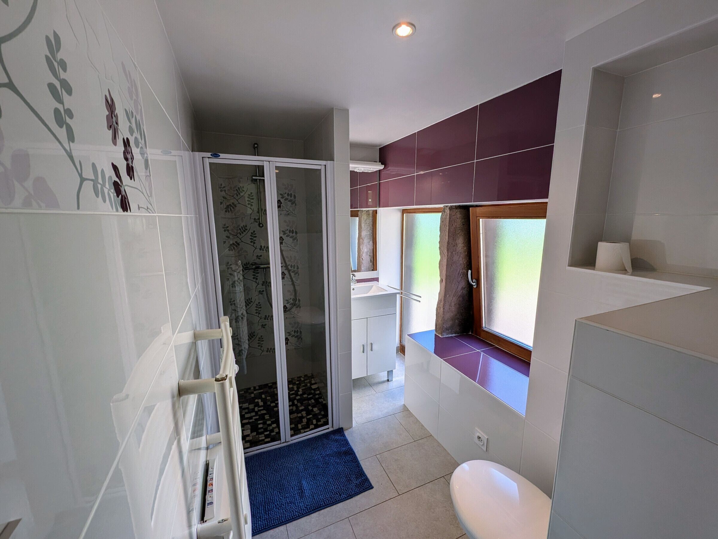A modern bathroom with a glass shower enclosure, a white toilet, and a vanity with a mirror.