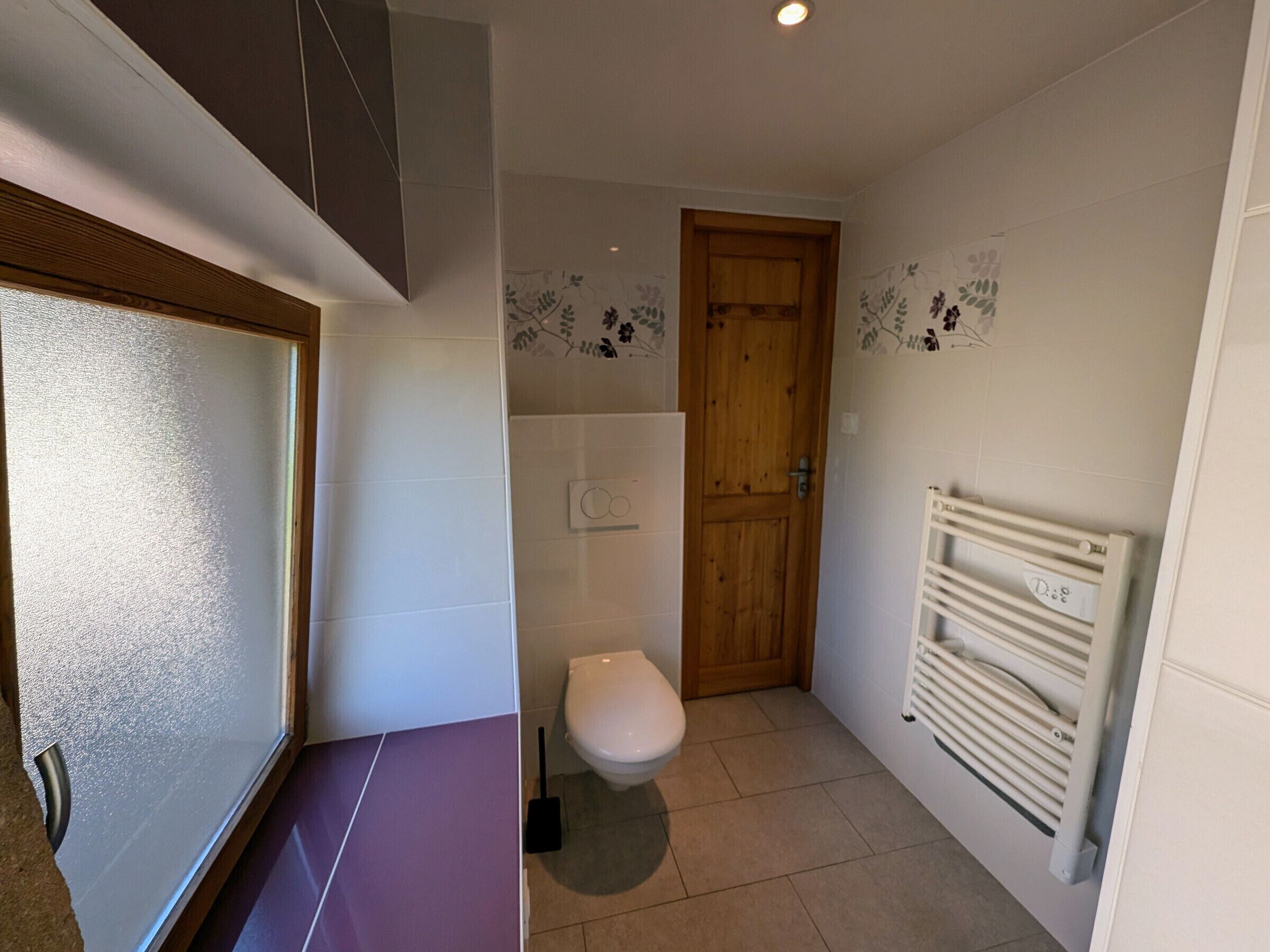 A compact bathroom with a toilet, a wooden door, a radiator, and a shower area.