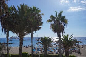 Een strand met palmbomen, ligbedden en boten op het water.
