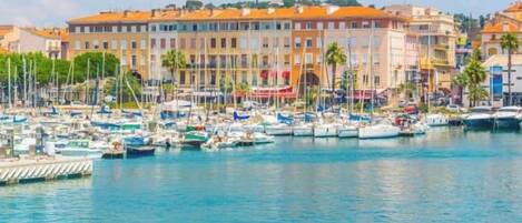 A marina with numerous boats docked, a waterfront promenade, and buildings with orange roofs.