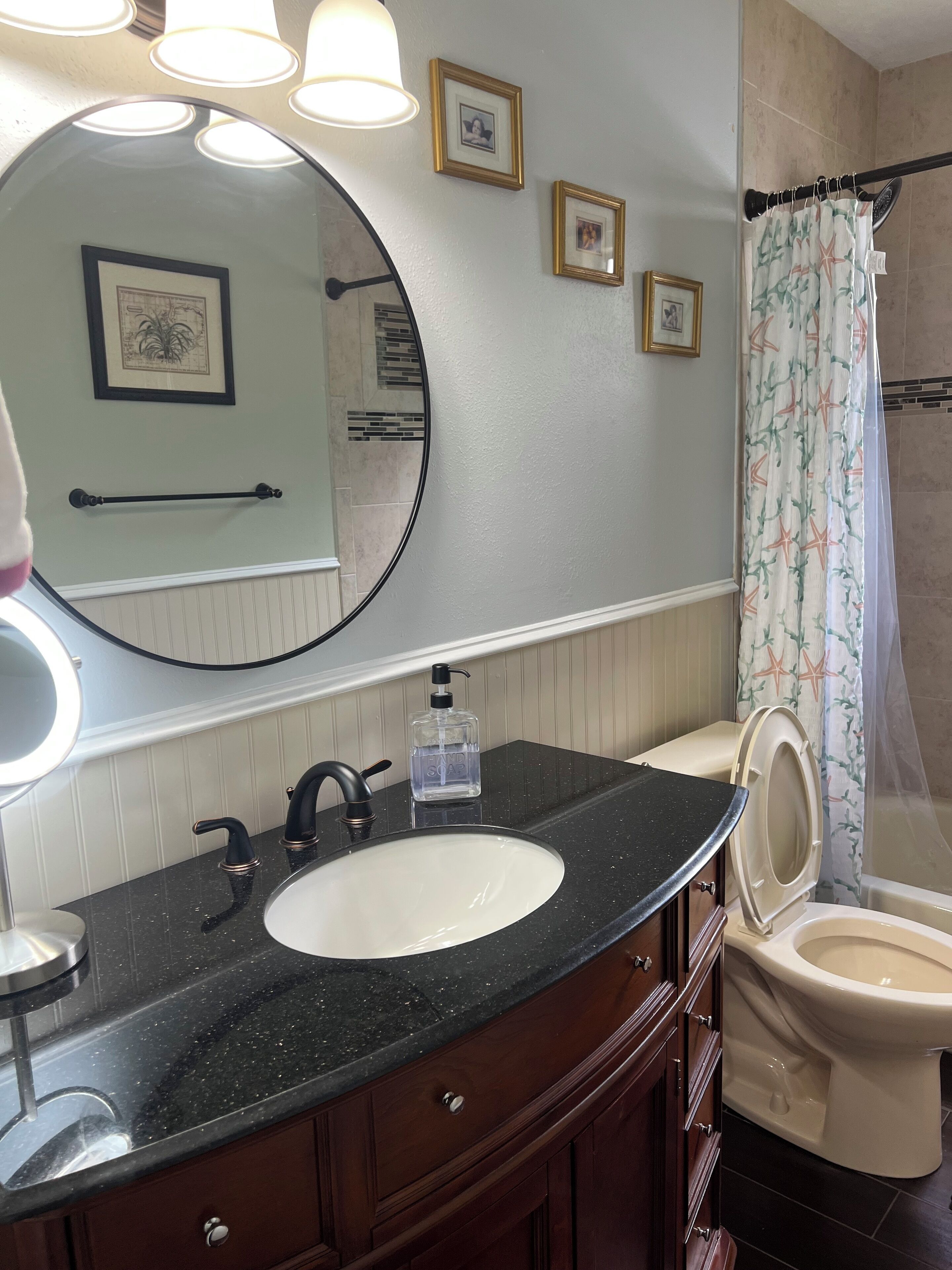 Hair dryer, bidet, towels, soap