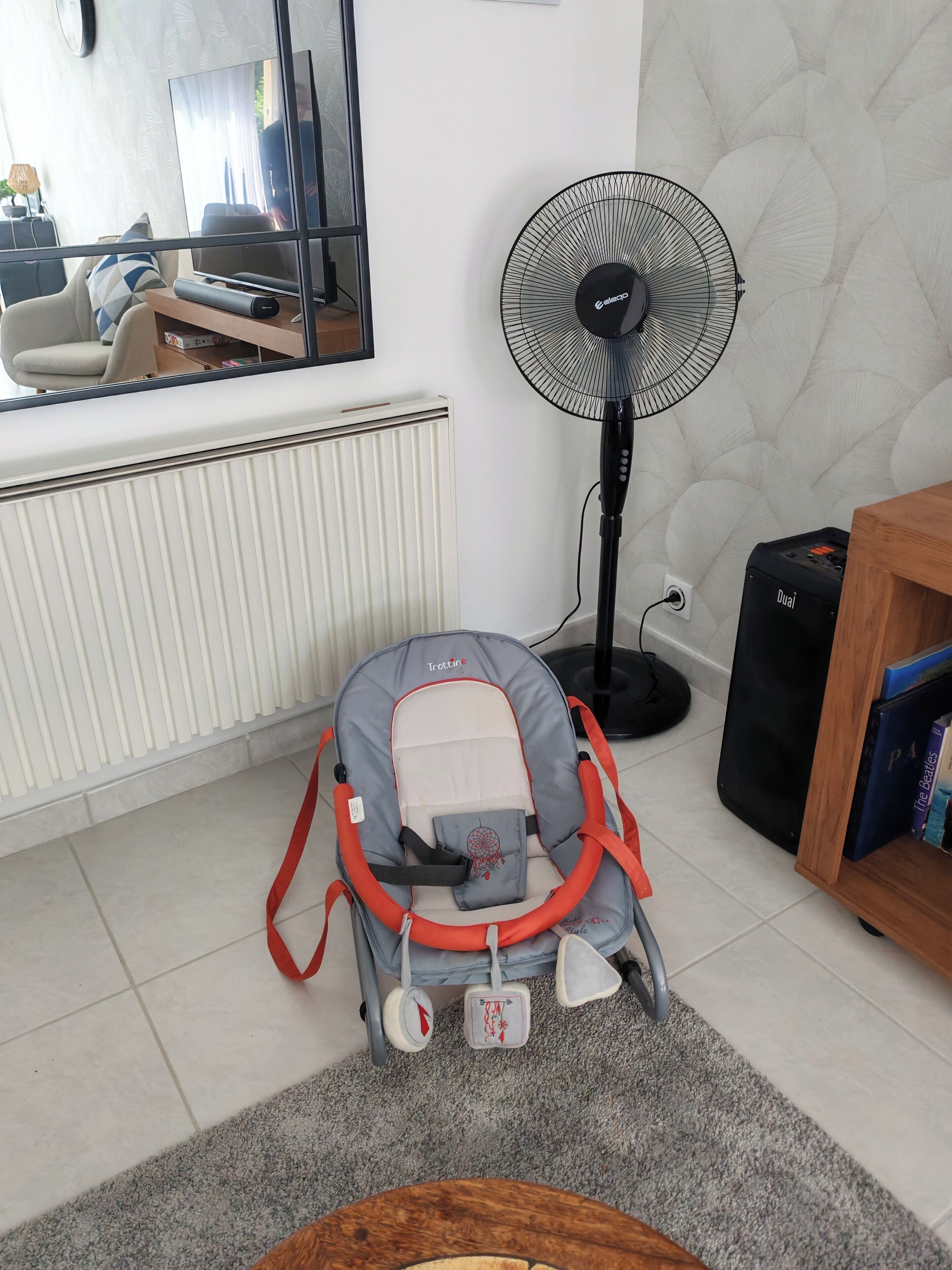 A room with a radiator, a standing fan, a stroller, a bookshelf, and a mirror reflecting part of the room.