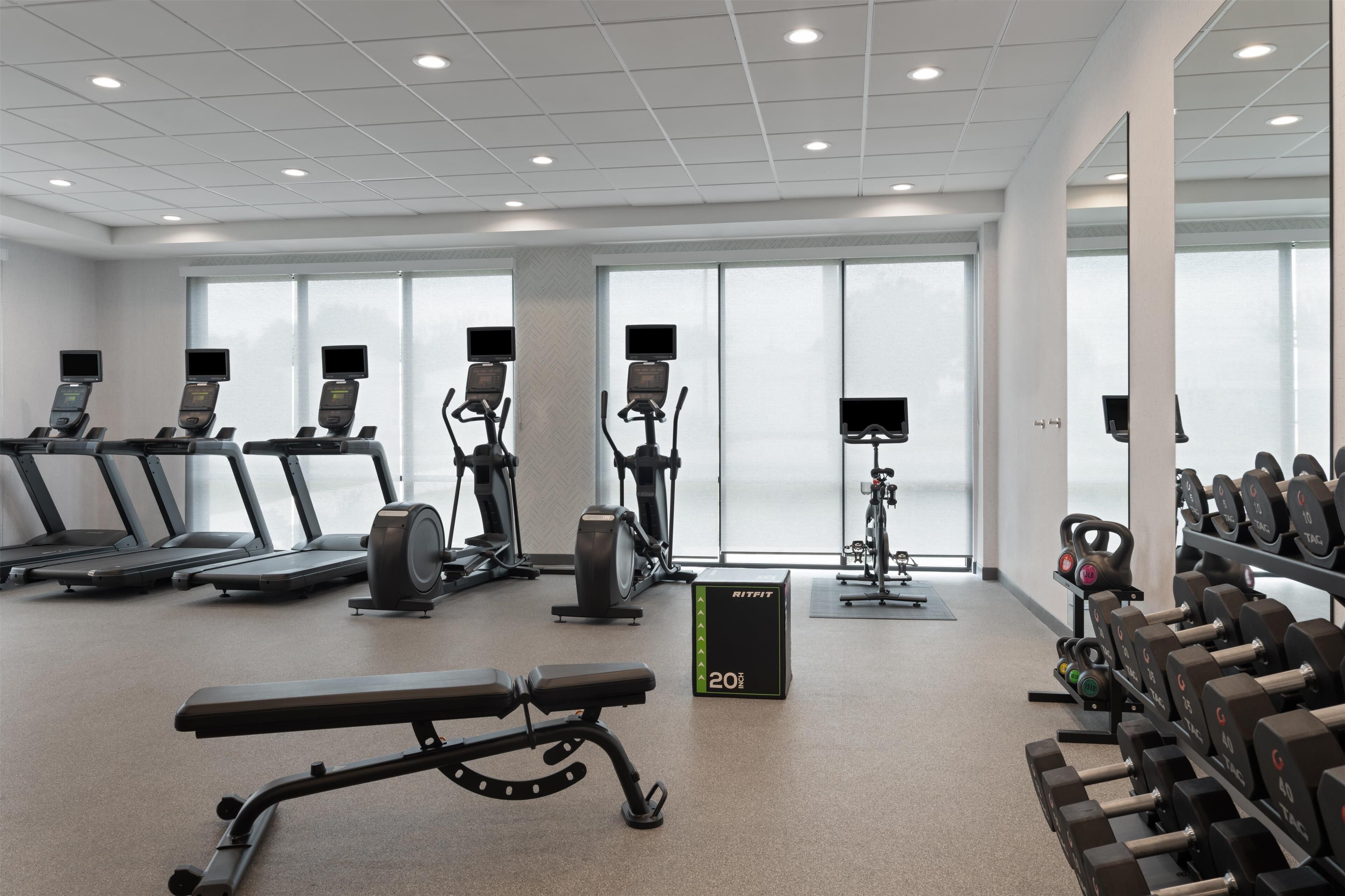 Un gimnasio con cintas de correr, elípticas, una banca y estantes para pesas.