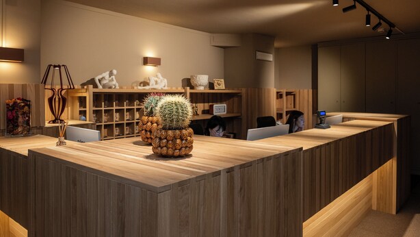 A reception area with a wooden reception desk, a cactus centerpiece, and shelves with decorative items. - Garibaldi Palace (Milan)
