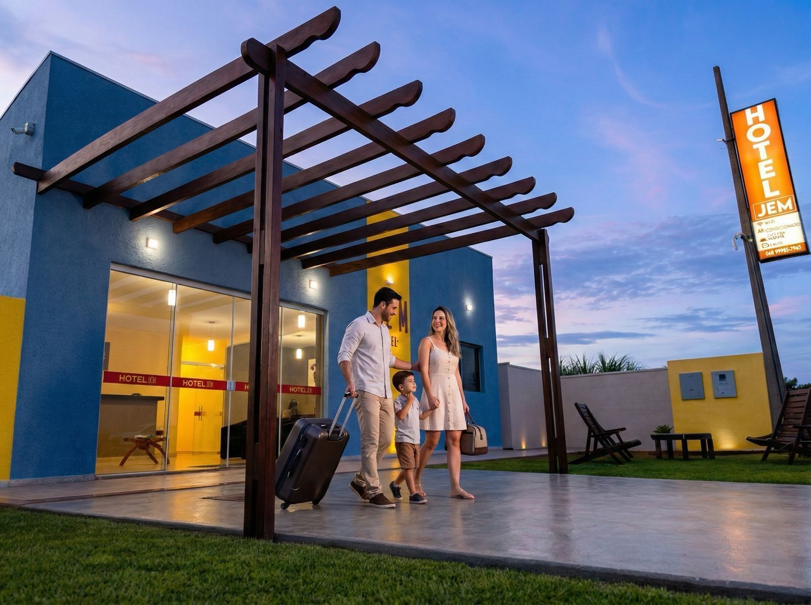 A modern hotel with a clear entrance, a visible reception desk, and a sign indicating Wi-Fi availability.