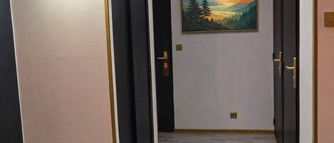 Un pasillo con piso de madera, puertas negras y un cuadro de un paisaje montañoso en la pared.