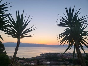 Vista costera con palmeras y un atardecer sobre el agua.